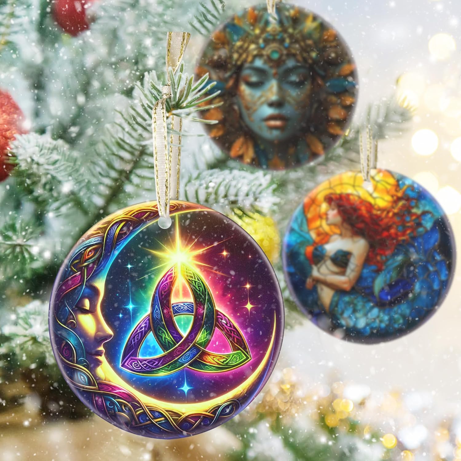 3.5 Inch Ceramic Christmas Tree Ornament, Moon Celtic Christmas Ornaments, Heirloom Keepsake, Gift Exchange, Gift Idea, Bauble Present