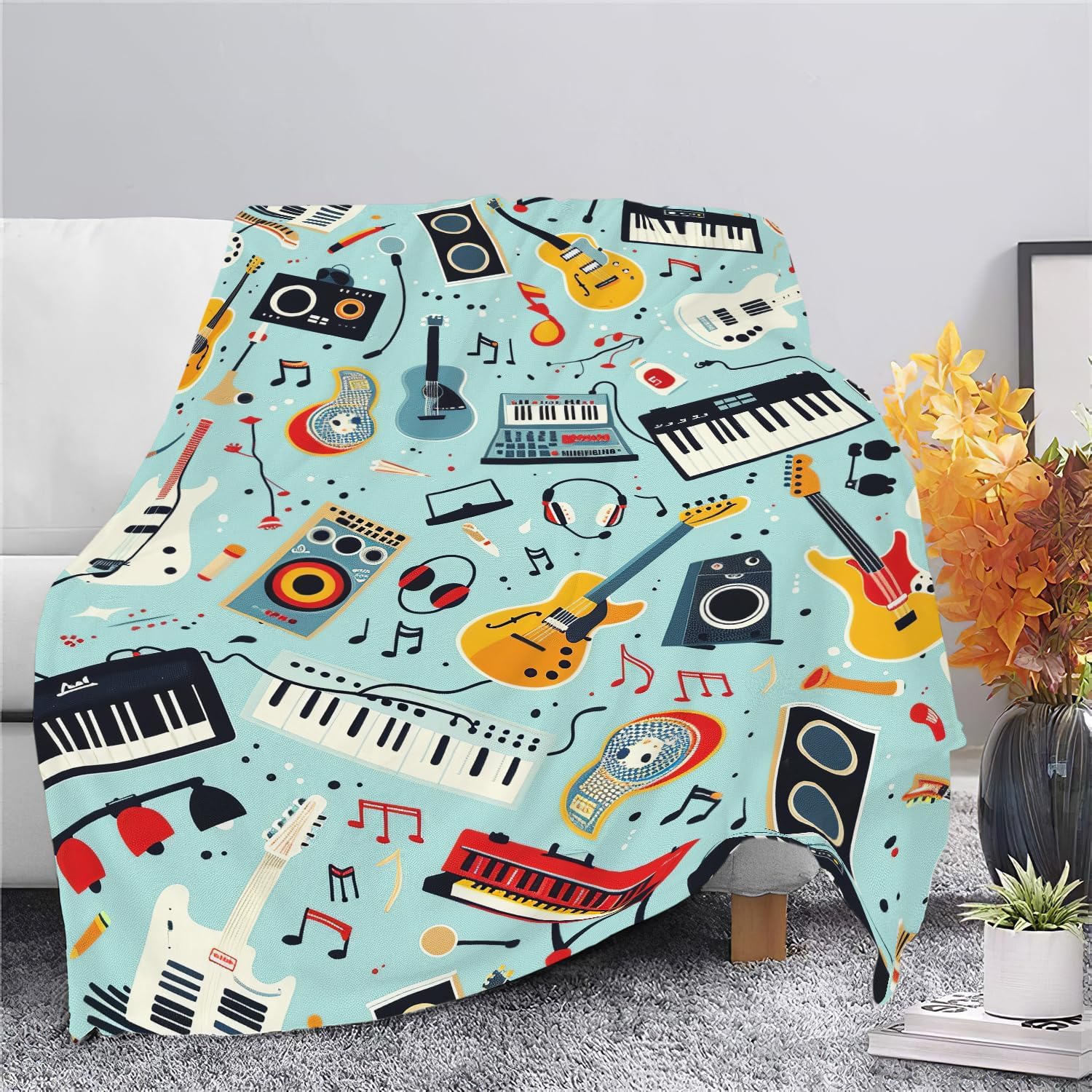 Music Blanket Musical Instruments Note Throw Blanket Gifts for Music Lovers Adults Men Women Kids Boys Girls Super Soft Cozy Plush Fluffy Fuzzy Fleece Blanket Home Decor 60''X80''