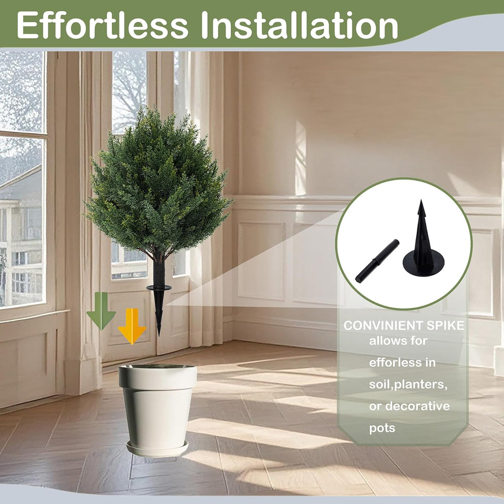 24" Artificial Cypress Topiary Tree with Ground Spike, Fake Shrubs UV Resistant Artificial Cedar Bushes, Set of 2 Faux Plants for Indoor Outdoor Front Porch Garden