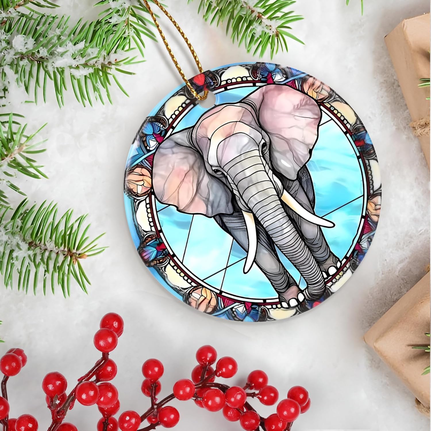 Touber Christmas Ornament, Christmas Decoration, Holiday Present Idea, Heirloom Keepsake, Round Ceramic, Gift Exchange, Gift Idea, Elephant