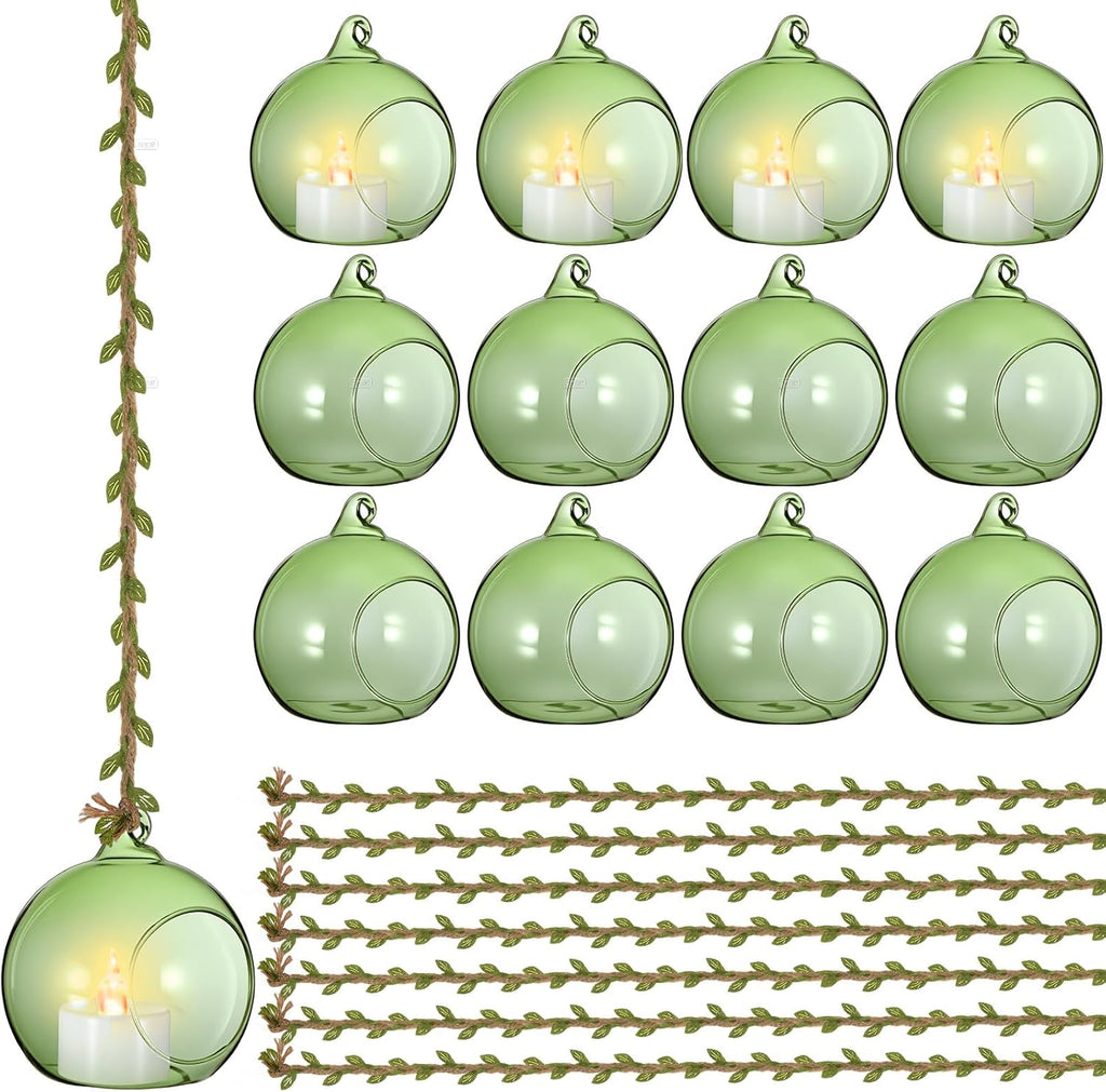 3.15'' Hanging Glass Tealight Holder Globe and 33ft 5mm Natural Jute Twine Ribbon with Artificial Leaves for Crafts, Hanging Glass Terrarium Containers for Wedding Party Tree Decoration