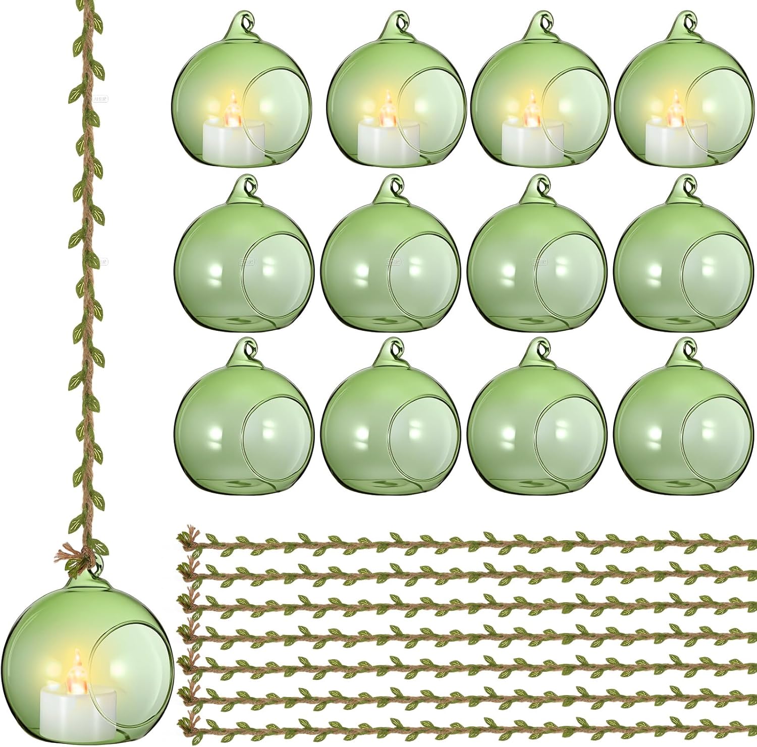 3.15'' Hanging Glass Tealight Holder Globe and 33ft 5mm Natural Jute Twine Ribbon with Artificial Leaves for Crafts, Hanging Glass Terrarium Containers for Wedding Party Tree Decoration