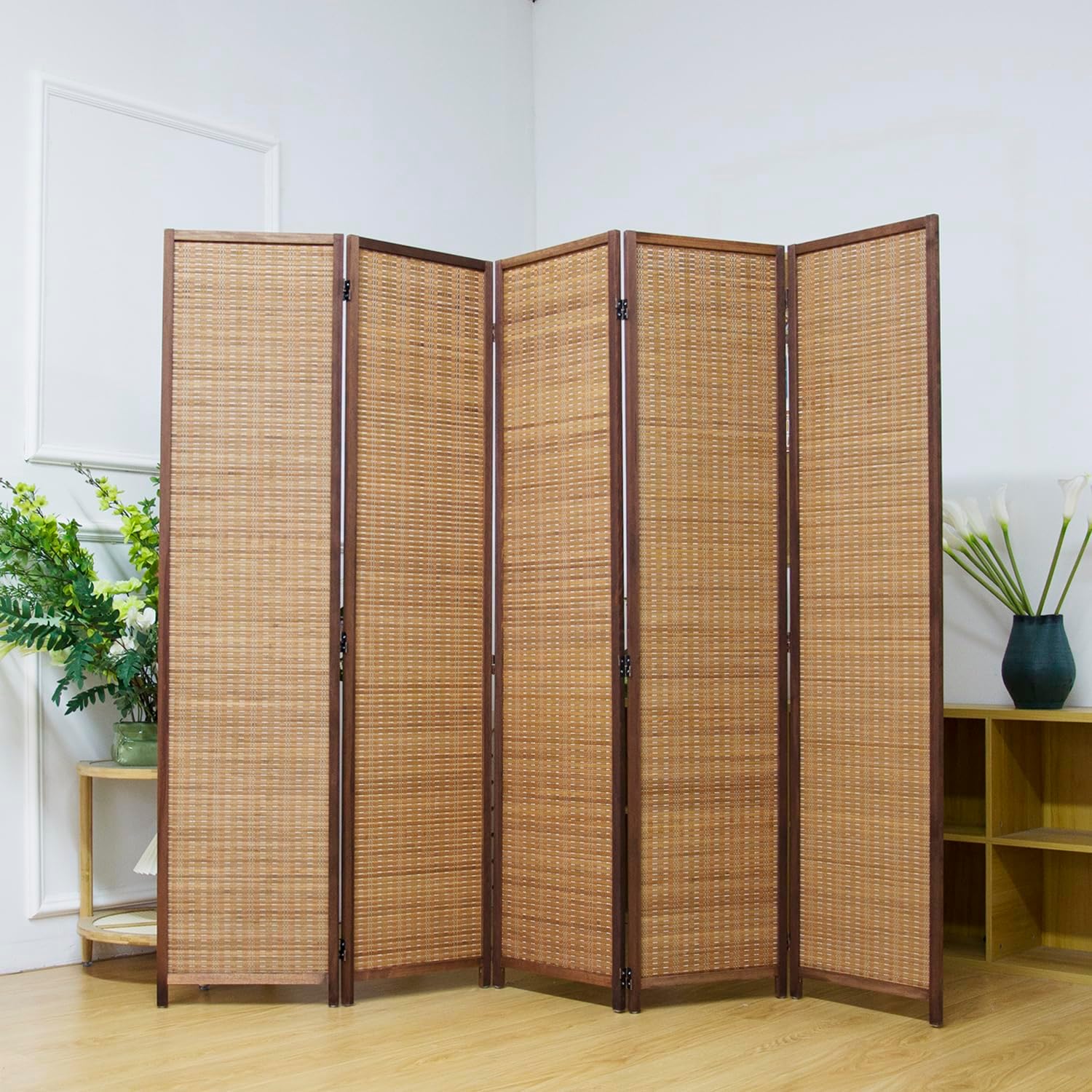 5 Panel Room Divider Screen,5.6 FT Tall Bamboo Divider Folding Privacy Screen,Freestanding Room Divider for Room Seperation,Brown
