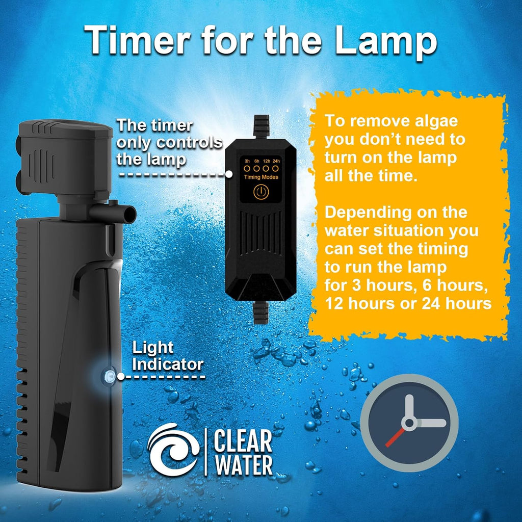 AquaMiracle Aquarium Filter with U - V Light & Pre-Filter Sponge, Fish Tank Filter with Timer for Green Water, Green Clean Machine Turtle Filter with Aeration for Aquarium and Pond 20-70 Gallon