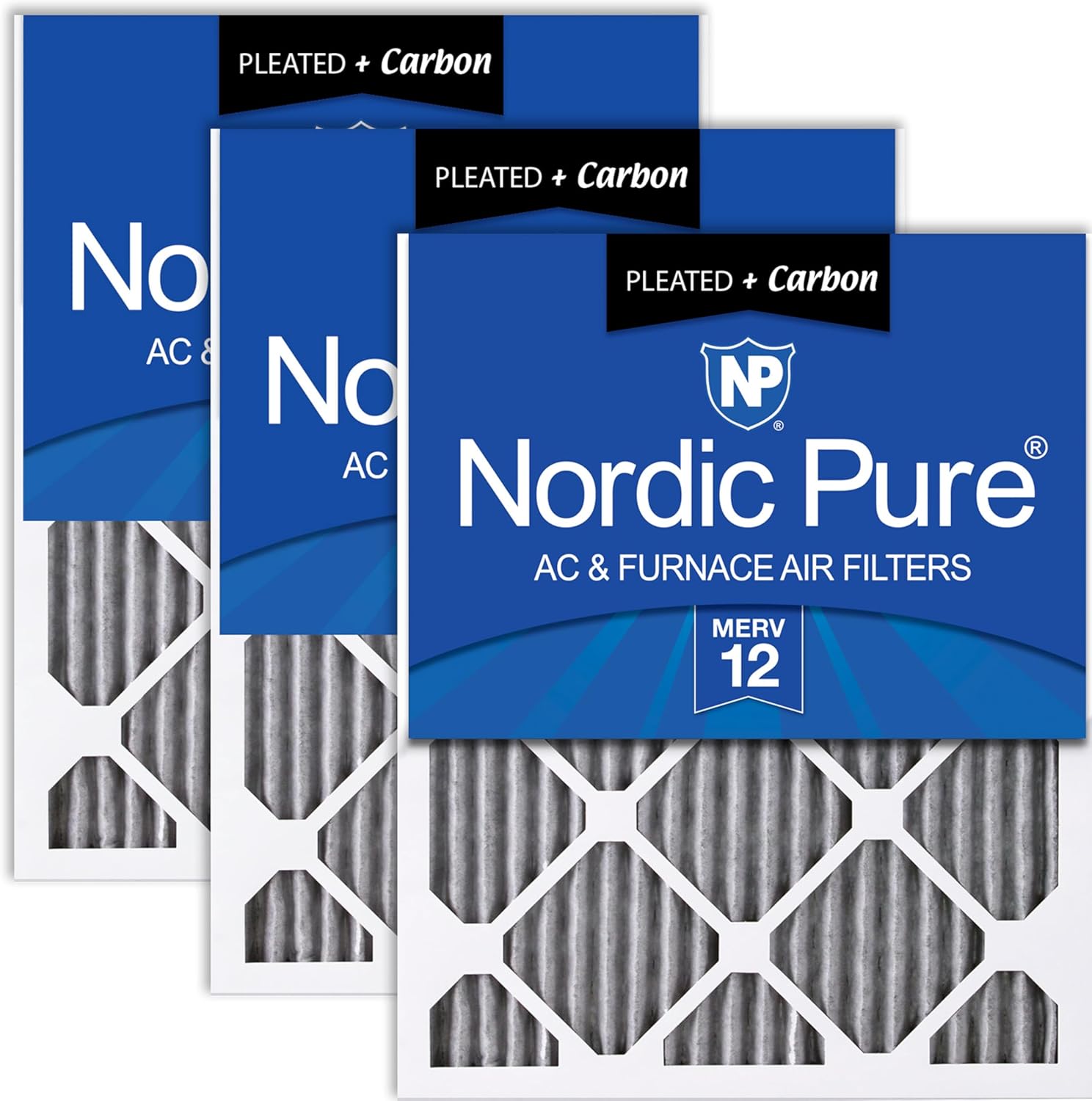 Nordic Pure 20x25x1 (19 1/2 x 24 1/2 x 3/4) Furnace Air Filters MERV 12 Pleated Plus Carbon 3 Pack