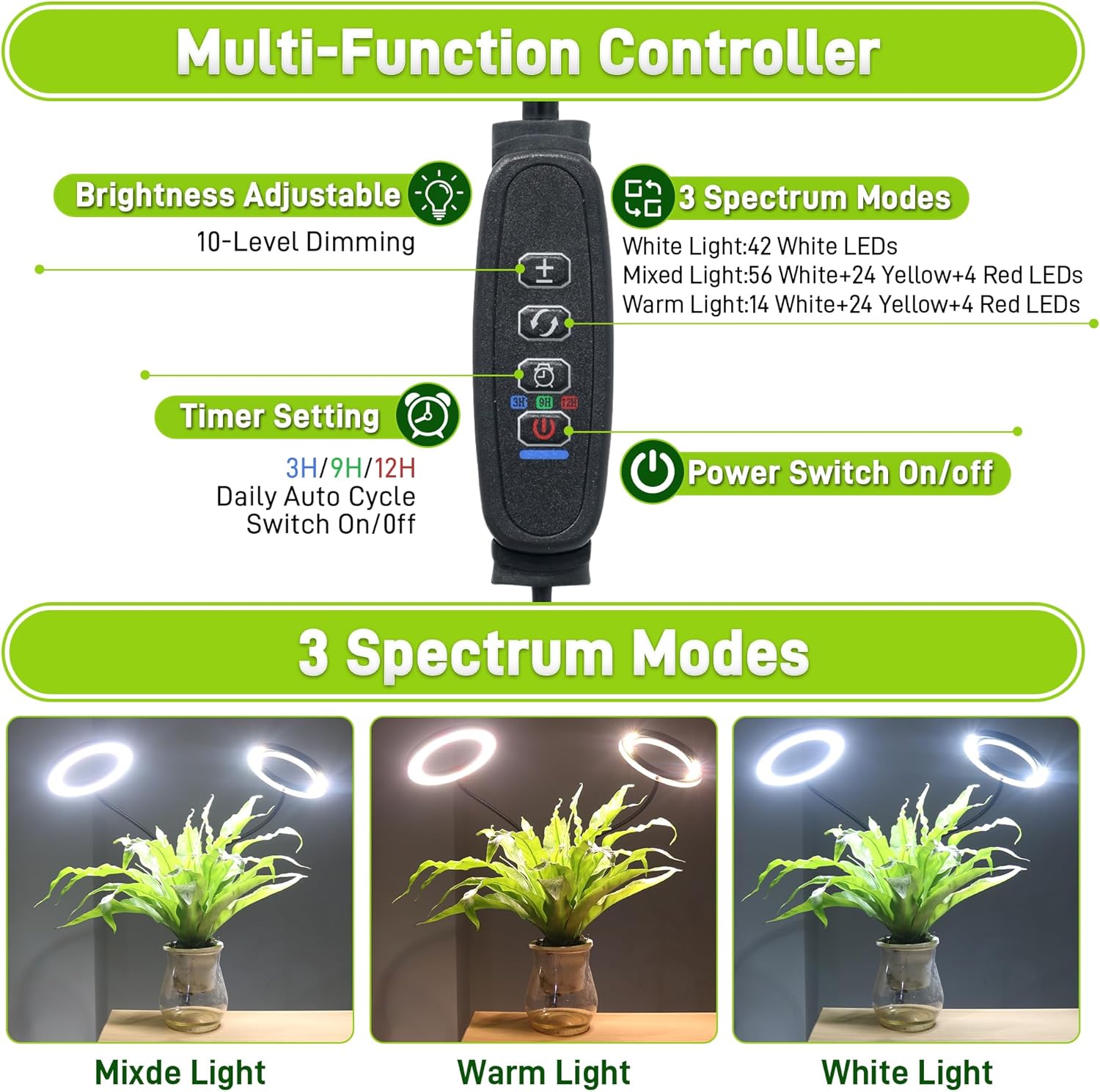 Quibbay Grow Lights for Indoor Plants,Double Head Full Spectrum LED Plant Light with Stand,6 Dimmable Levels & 3 Lighting Modes, Auto On Off Timer 3/9/12H, 38-67 inches Adjustable Height, Black