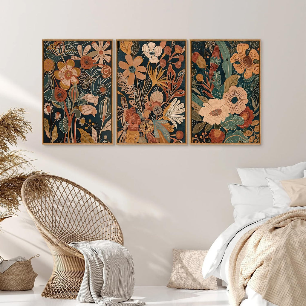 Tinonedraw Burnt Orange Floral Framed Canvas Wall Art Set of 3, Boho Chic Flower Artwork, Mid Century Modern Wall Decor, Colorful Neutral Botanical Art Prints for Bedroom Living Room Office 24"x36"