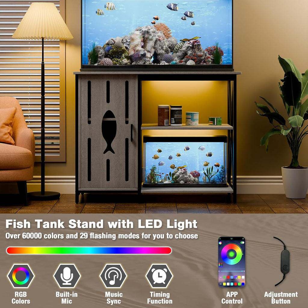 Aquarium Stand 40 Gallon,Fish Tank Stand with Cabinet Storage,Power Outlets & LED Light,Heavy Duty Aquarium Stand for Turtle Tank,Reptile Terrarium,800LBS Capacity,Grey