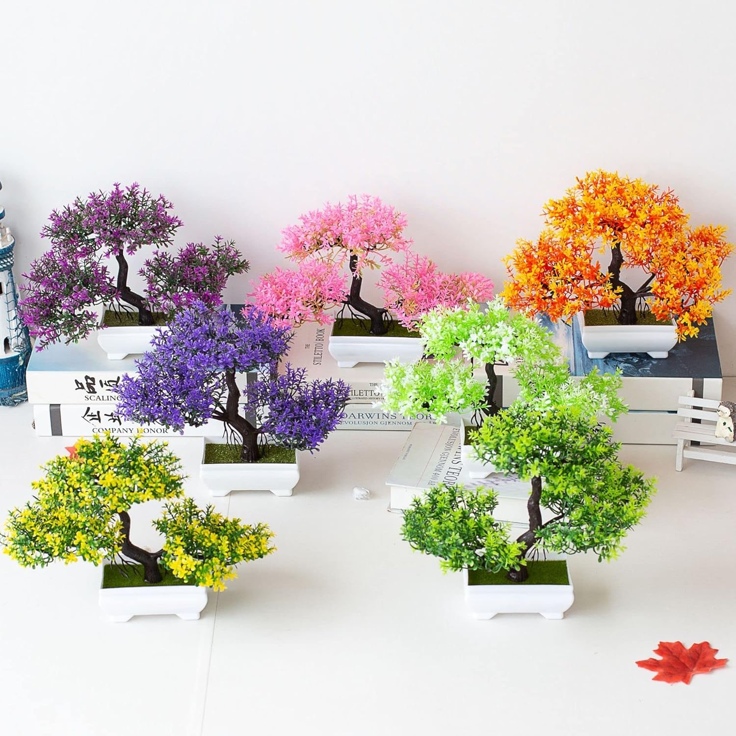 Mini Artificial Bonsai Tree Plants Artificial Plant Welcome Pine Treewith Plastic Cement Pots for Home Office Décor (Magenta)