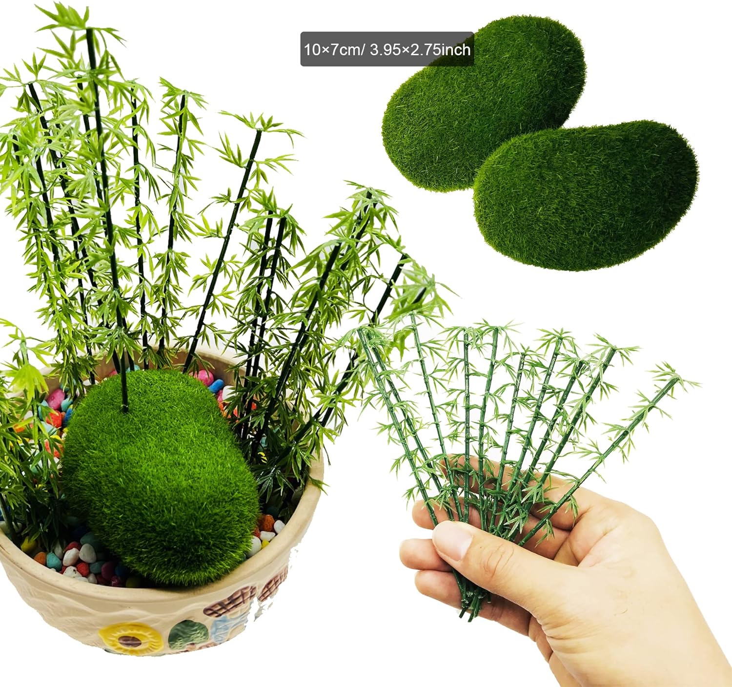 Woohome Miniature Bamboo Trees, 60 PCS Model Bamboo Trees Landscape Bamboo Tree and 2 PCS Fake Moss Rocks Decorative Moss Balls Model Artificial Plants for Home Decoration, Fairy Gardens