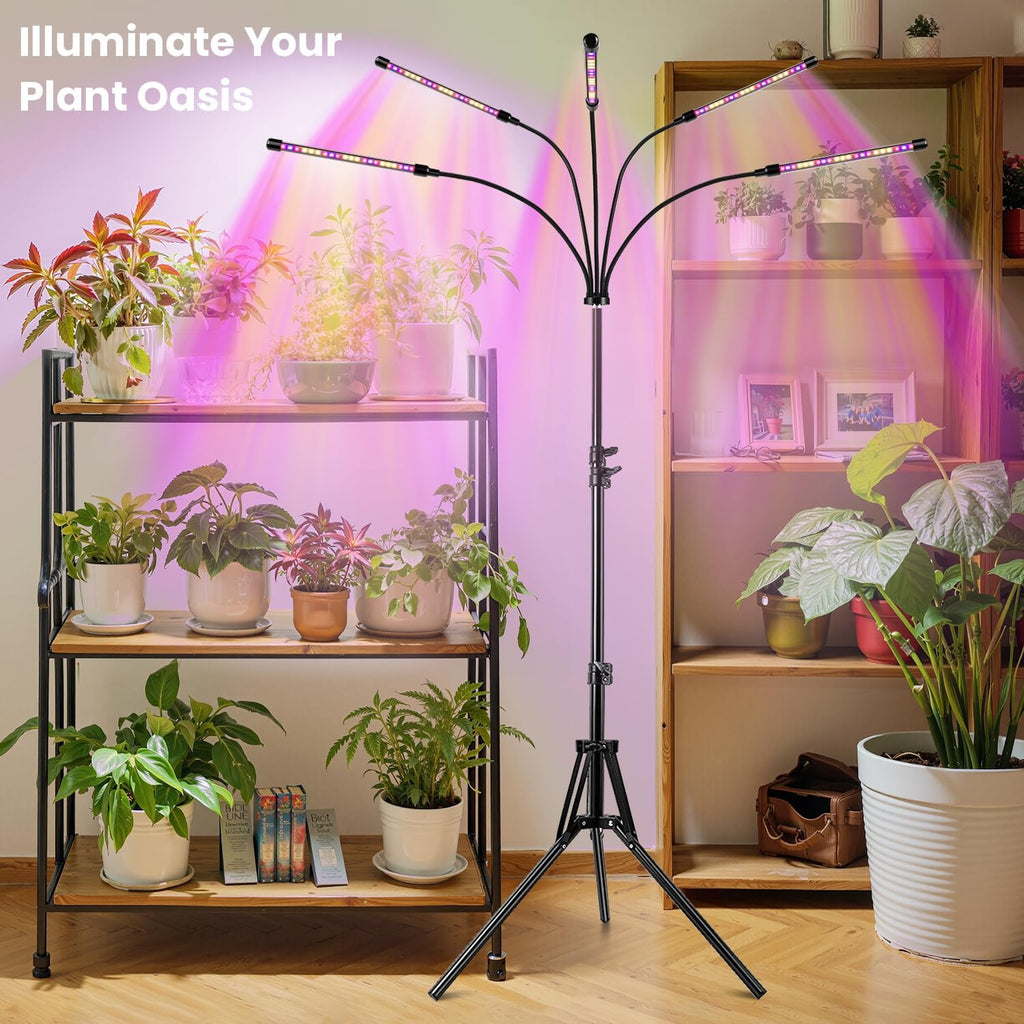 Garpsen Grow Light with Stand, 5 Heads Grow Lights for Indoor Plants, 100 LEDs Full Spectrum Led Plant Light for Seed Starting, with 15-63" Adjustable Tripod&6/12/16H Timer(No Clip)