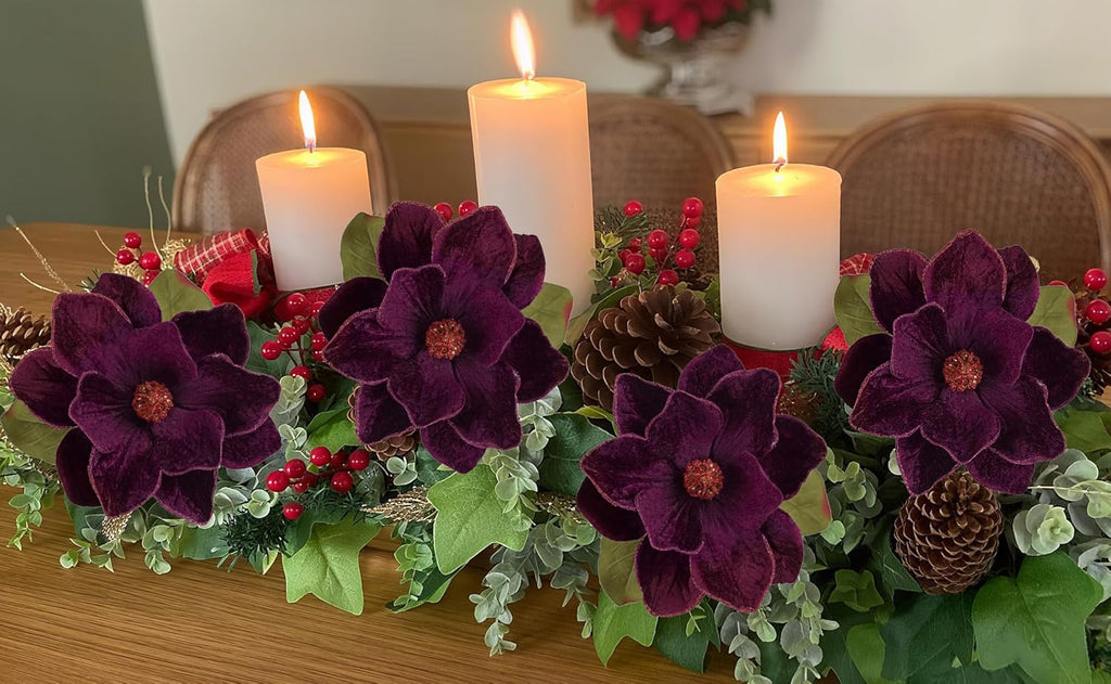Briful Set of 3 Artificial Christmas Magnolias Flowers – 30’’ Long Stem Faux Magnolia Stems for Tree Ornaments, Holiday Centerpieces & Christmas Decor, Purple
