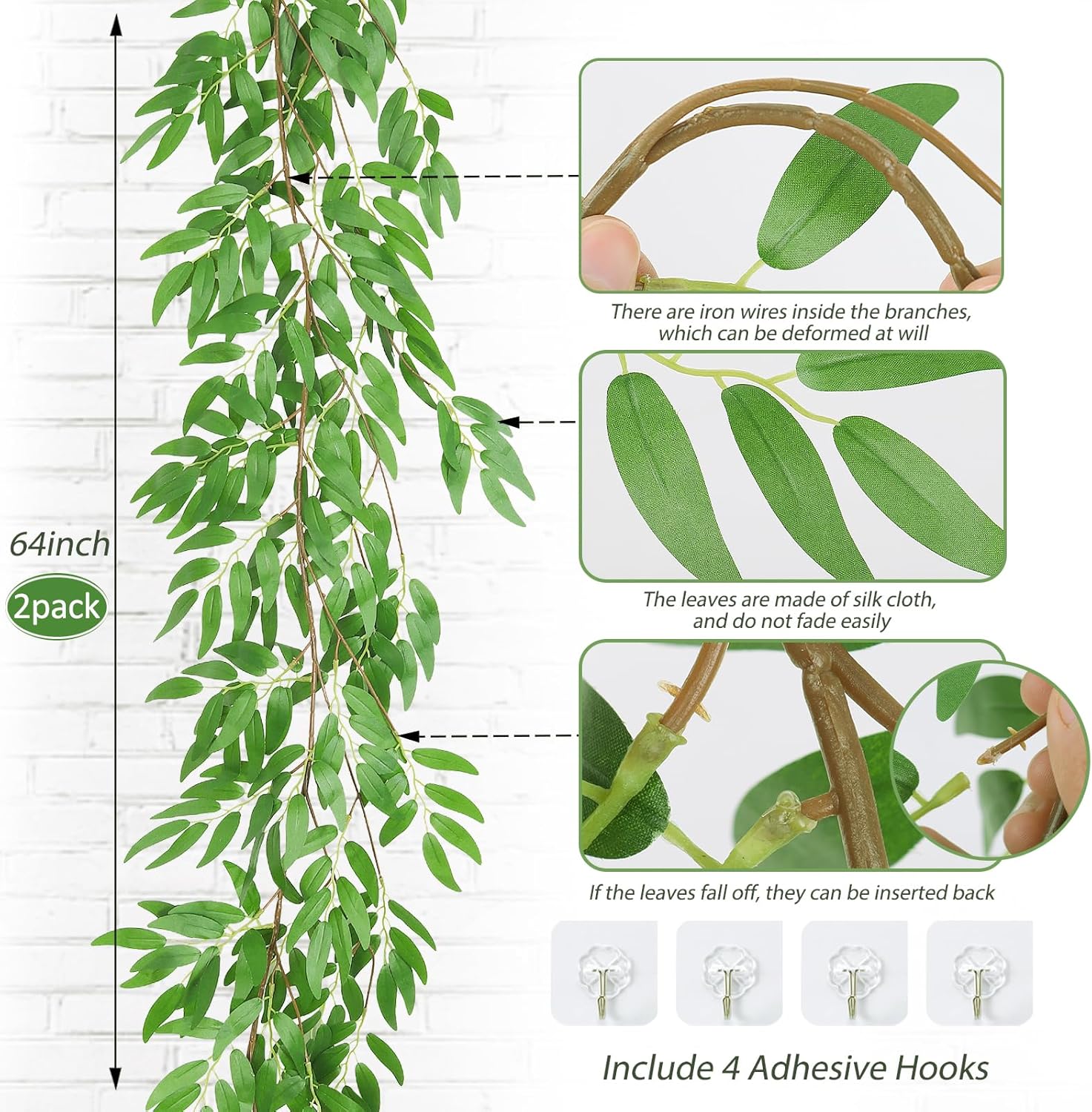 RECUTMS Artificial Willow Leaves Garland 2 Pcs Fake Hanging Vines Plants Artificial Silk Ivy Greenery 6.5 Ft Faux Evergreen Wreaths for Wedding Indoor Outdoor Garden Party Table Decor (Light Green)