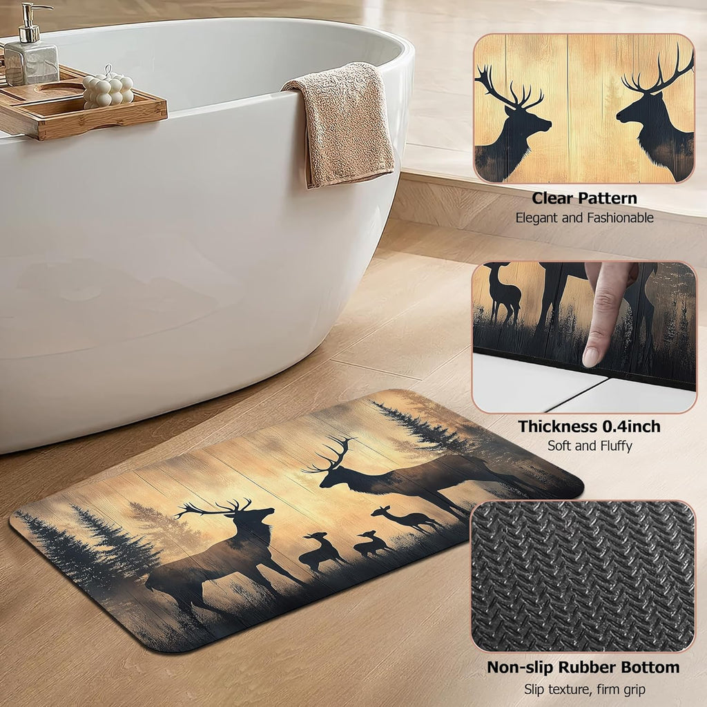 Non Slip Bath Mat,Deer Trees Bathroom Decor,Forest Diatomaceous Bath Mat Quick Dry Absorbent Bathroom Rugs-Shower Rug for Kitchen Laundry Bathtub Shower 17"x29.5"