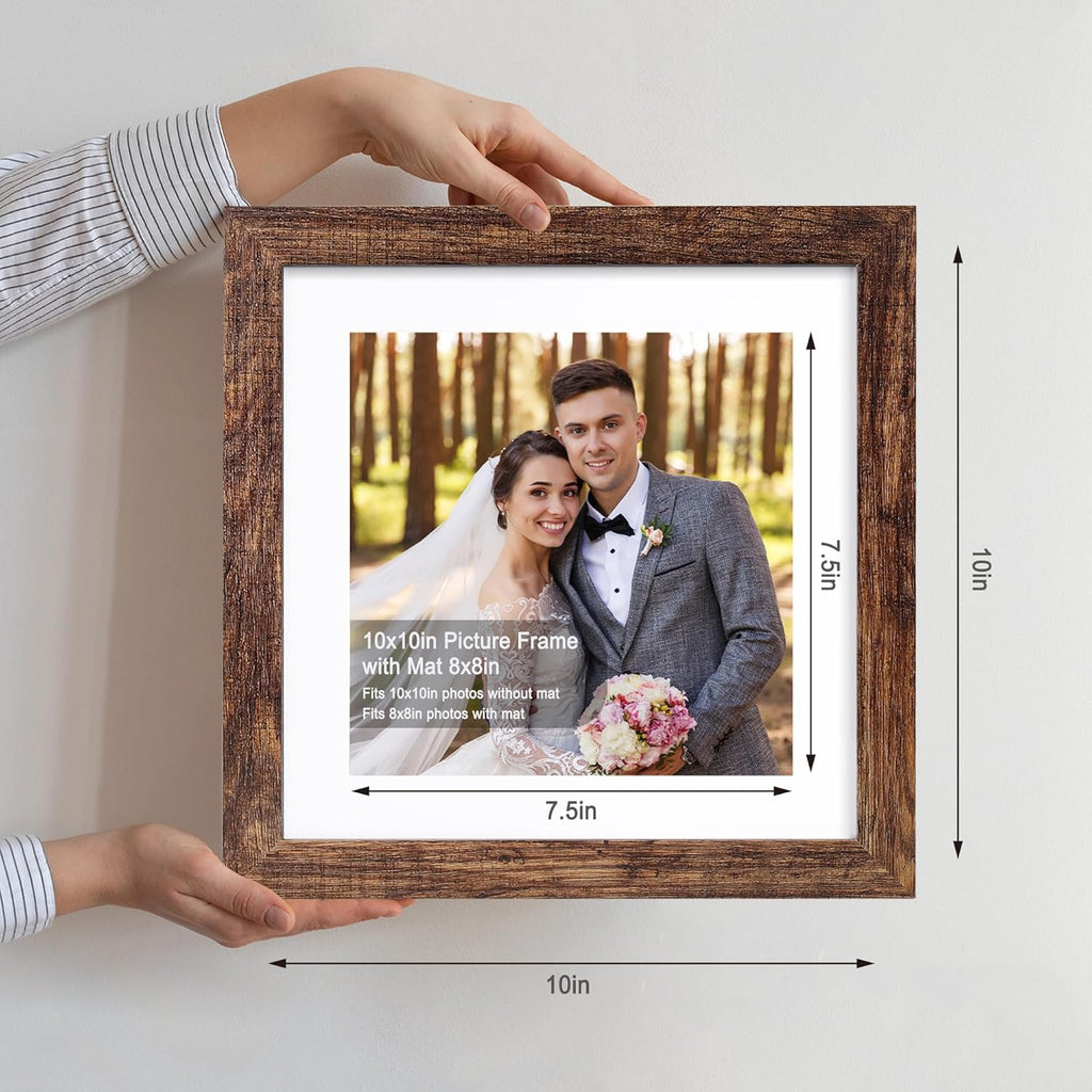 10x10 Picture Frame Set of 4, Made of Glass and Rustic Brown Wooden Frame - Display Picture 8x8 with Mat or 10 x 10 Without Mat, 10 by 10 Photo for Wall or Tabletop