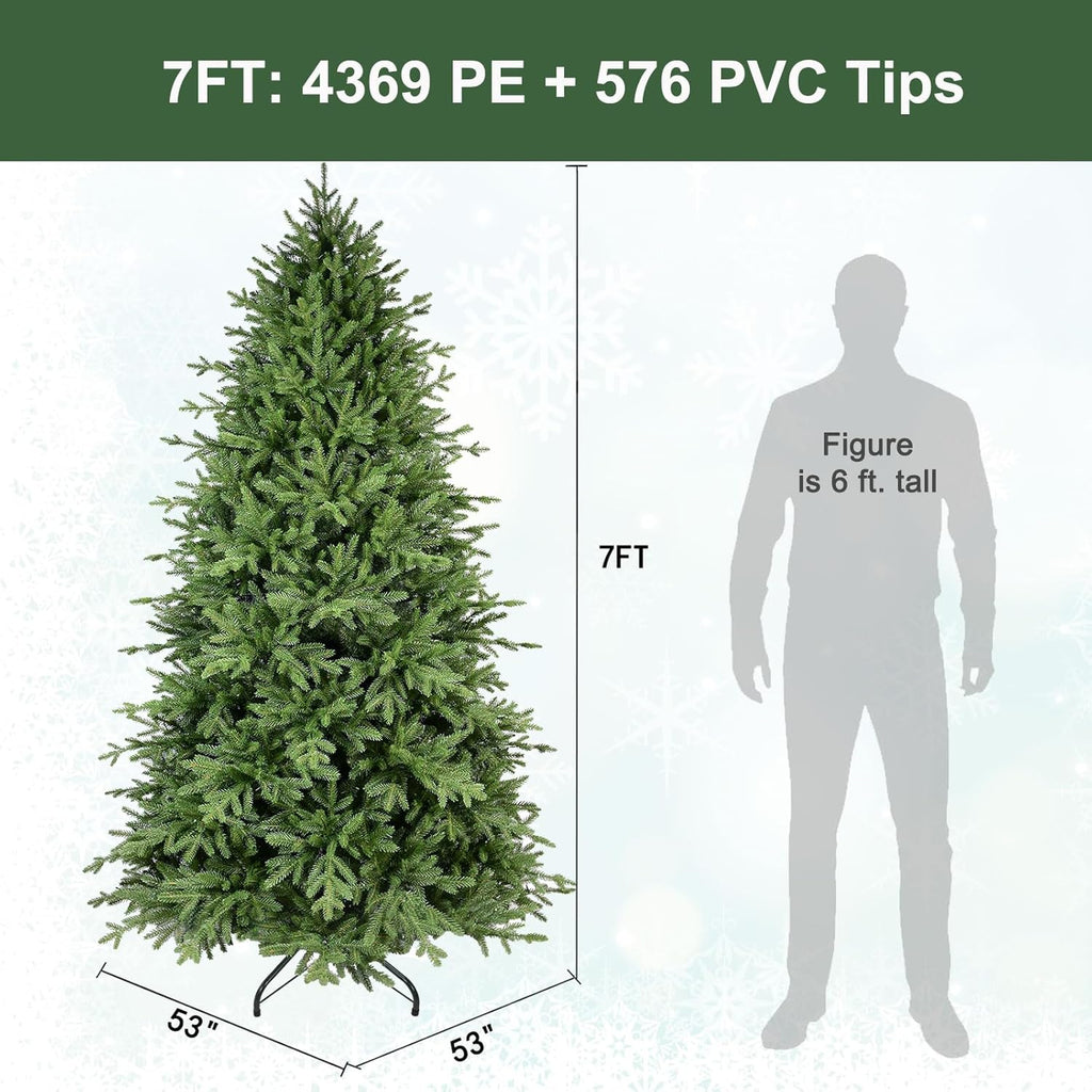 7ft Artificial Christmas Tree with 4369 PE Needles, More Realitic, Unlit Premium Spruce Fake Xmas Trees, Green, Hinged Branches, Foldable Metal Stand