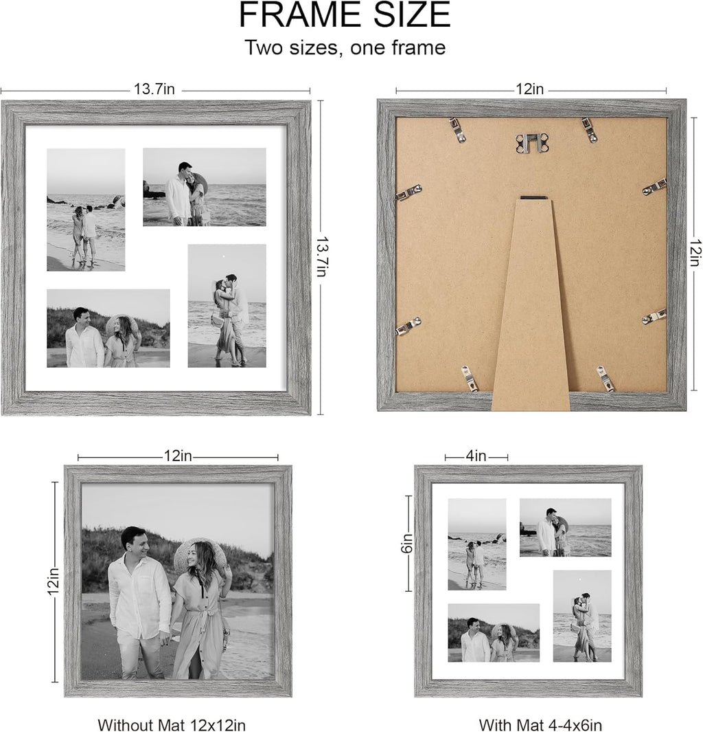 12x12 Picture Frame Set of 2, Grey Wood Frame with Glass Collage Frame, Display Pictures 4-4x6 With Mat or 12 x 12 Without Mat, Square Photo Frames Collage for Wall Hanging or Tabletop