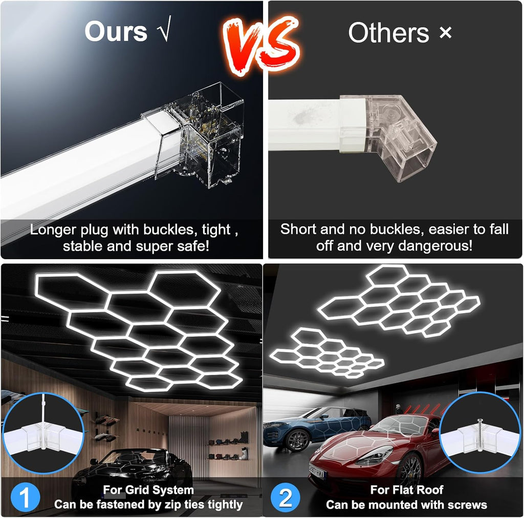 MODERN 14 Hexagon LED Garage Light 6500K, 61560 Lumens, Honeycomb Design, 14-Grid System, Octagon Shop Light for Workshop, Gym, Warehouse & Car Wash (White, 57-Pack)