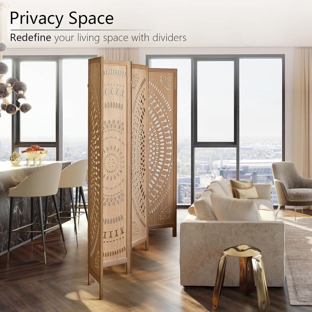 Wood Room Divider Wall and Folding Privacy Screen, 5.6 FT Tall Room Divider 6 Panel, Foldable Divider Panel, Environmentally Friendly Carved Privacy Divider for Home Bedroom Office (Brown)