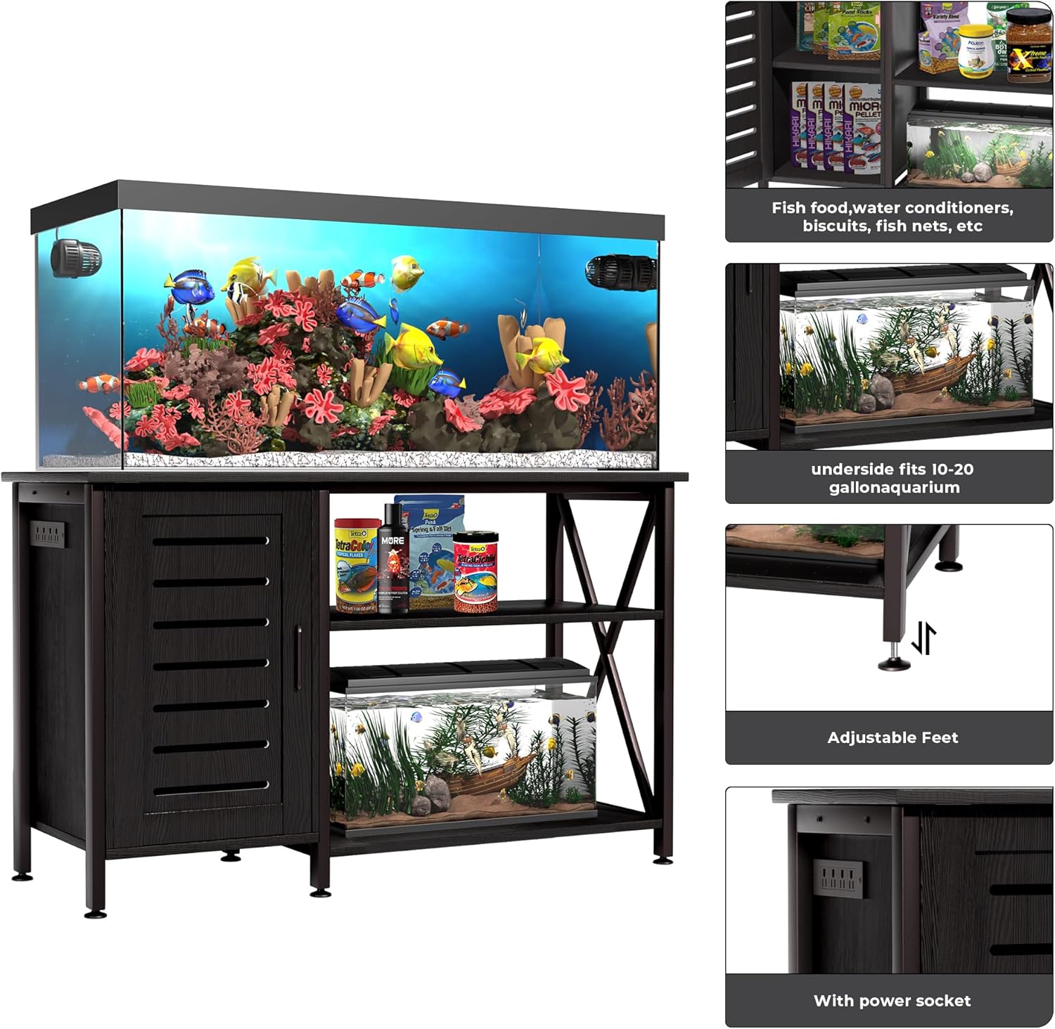 55-75 Gallon Fish Tank Stand,Aquarium Stand with Cabinet Accessories Storage,Heavy Duty Metal Frame,Aquarium Cabinet with Power Outlets 52" L*19.68" W Tabletop,1200LBS Capacity,Black PG05YGB