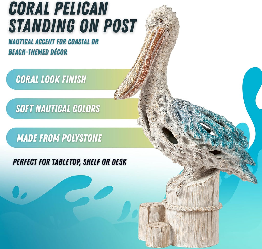 Blue Pelican on Post Figurine – 13.75” Coastal Nautical Decor, Coral Reef Ocean Statue for Beach Home Accent, Shelf, Mantel, or Tabletop Display