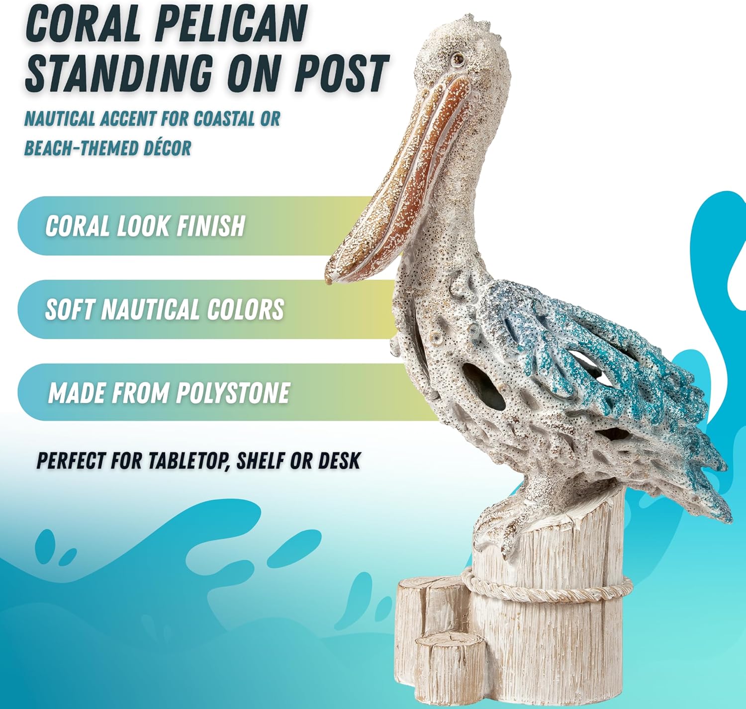 Blue Pelican on Post Figurine – 13.75” Coastal Nautical Decor, Coral Reef Ocean Statue for Beach Home Accent, Shelf, Mantel, or Tabletop Display