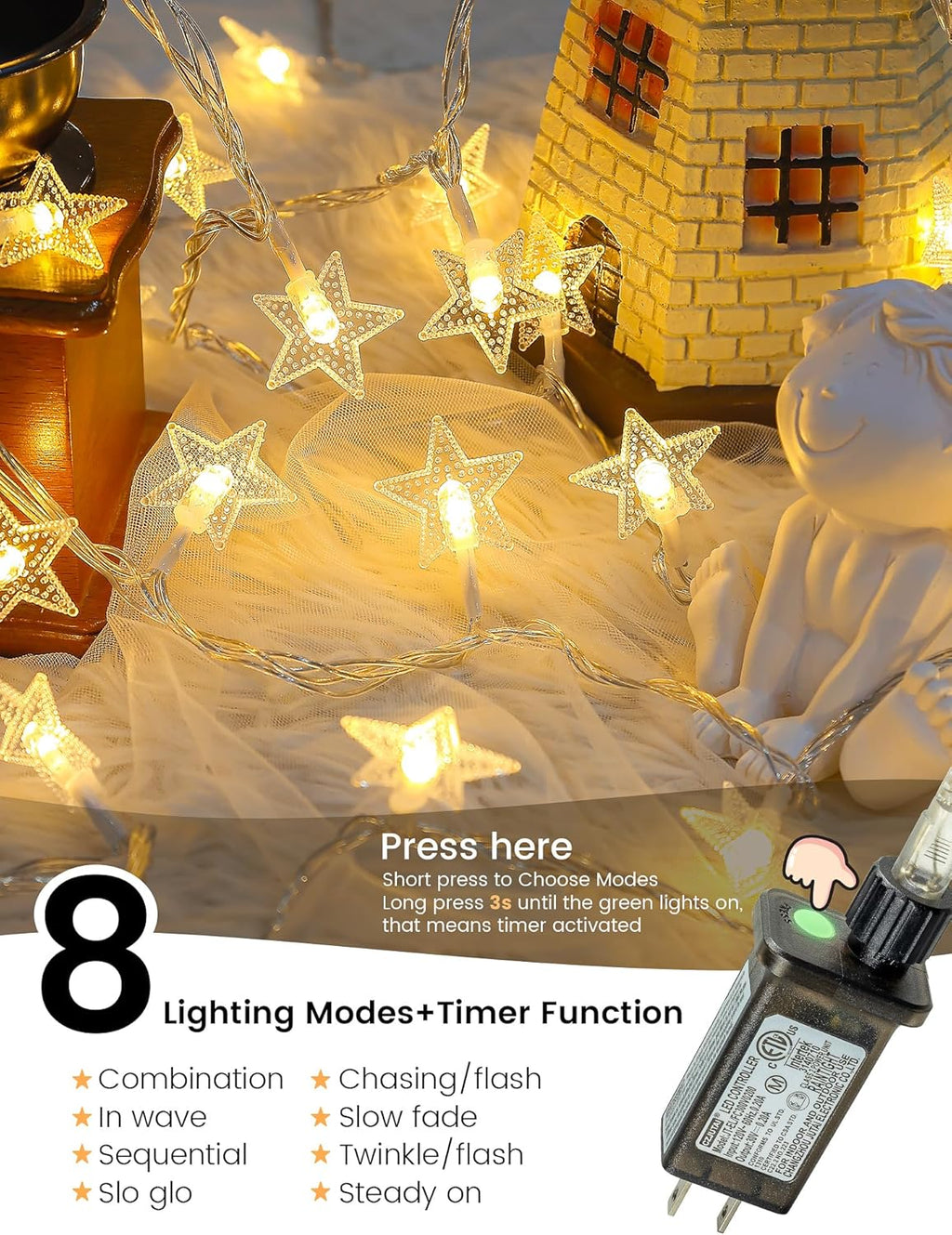 Star String Lights Plug in,33ft 100LED Star Christmas Lights with Remote and Timer, Fairy Lights Waterproof for Indoor Outdoor Bedroom Classroom Dorm Wedding Party Holiday Decor,Warm White