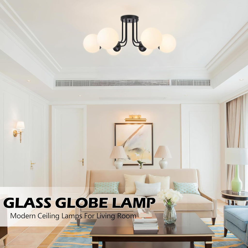 KoKo&Yukina 6-Light Modern Semi Flush Mount Ceiling Light Fixture Mid Century Ceilings Lights Globe Ceiling with Milk Glass Shade Matte Black Finish for Bedroom Hallway Dining Room Living Room