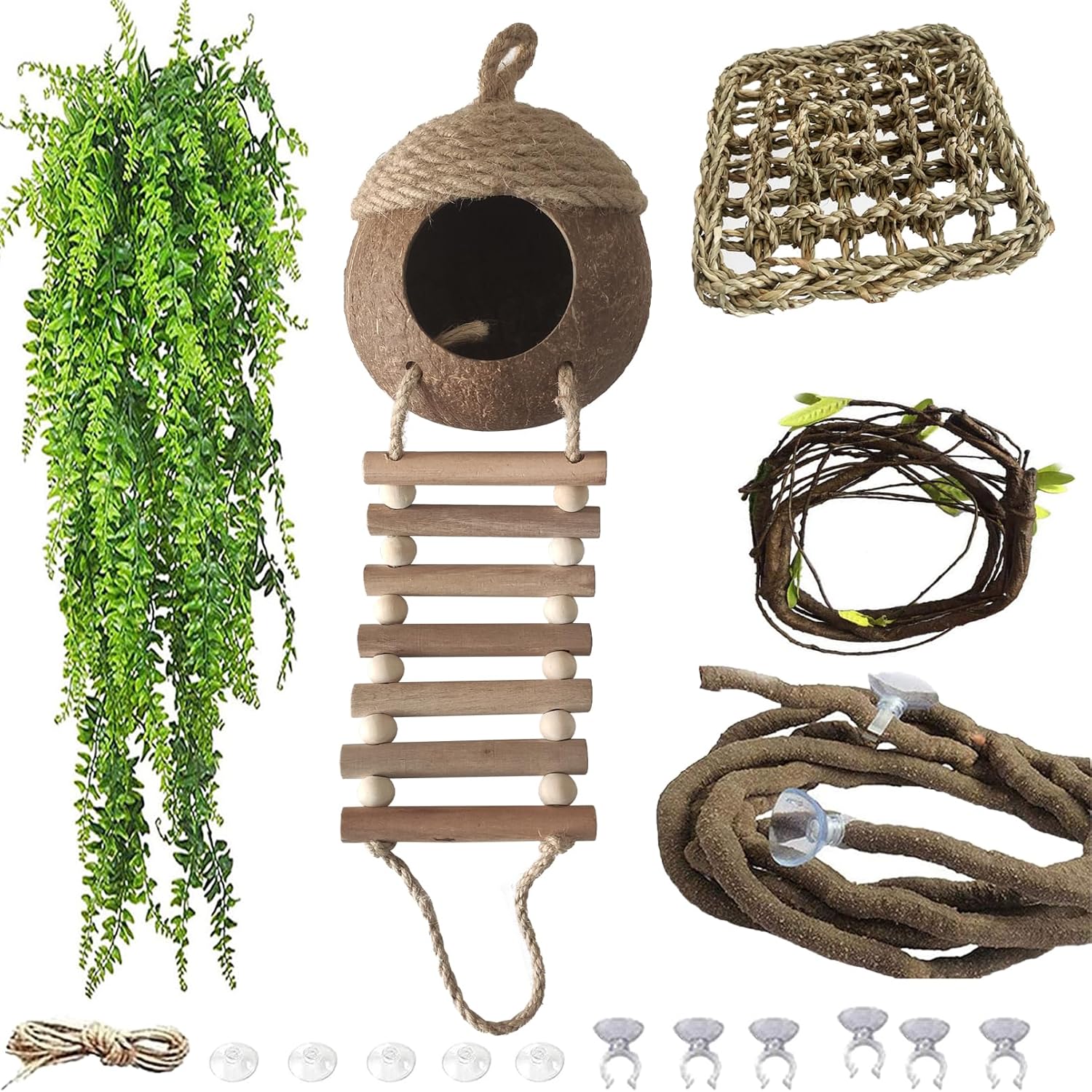 Lizard Coco Den with Ladder,5PCS Leopard Gecko Tank Accessories Reptile Terrarium Plants Hammock Coconut Hut Hide Hanging Reptile Decor for Crested Gecko,Baby Bearded Dragon,Chameleon,Snake