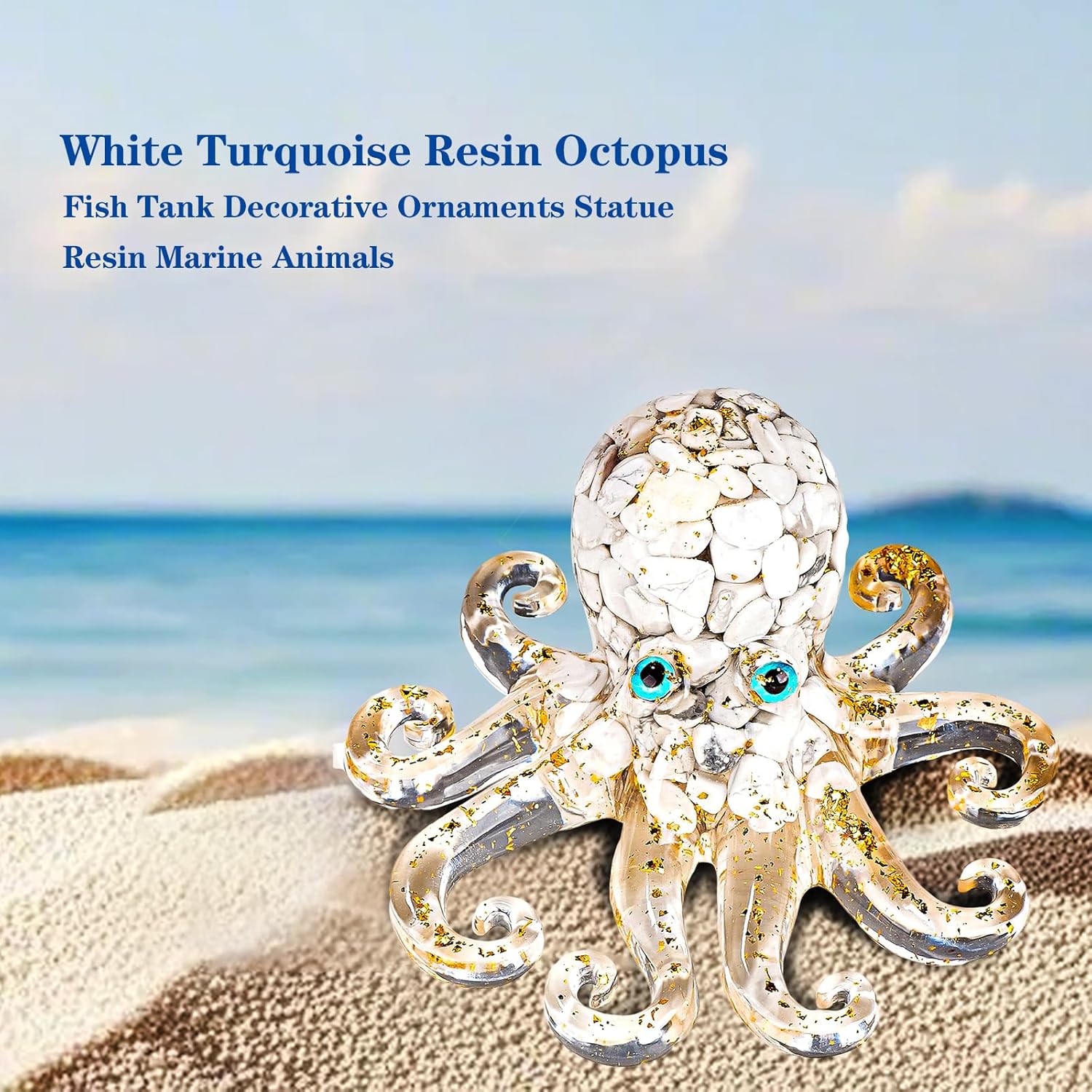 Natural Crystal Gravel Octopus Resin Marine Animals Fish Tank Decorative Ornaments Octopus Statue Healing Crystal Home Decor Ladies Gift 3.93" (White-Turquoise, 3.93")