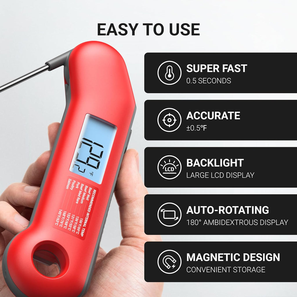 Professional Meat Thermometer Digital, Ultra-Fast 0.5 Sec Instant Read, NIST Certified ±0.5°F Accuracy, IP67 Waterproof, Auto-Rotate Backlit Display, Stocking Stuffers for Men Christmas Gifts for Men