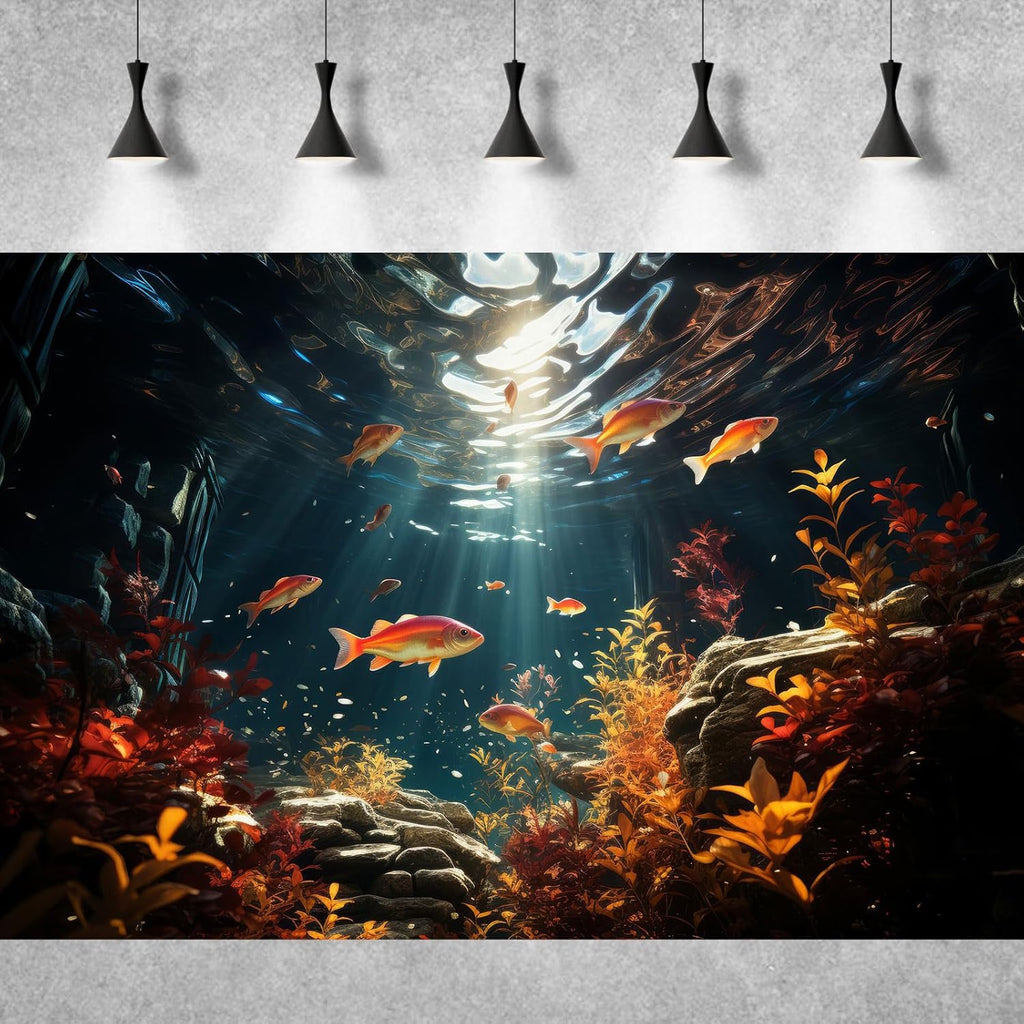 Underwater Aquarium Background Orange Aquatic Plants with Sunbeams Fish Tank Background Underwater Rooted Species Stone Rocks Tropical Fish Terrarium Background Vinyl 72x24in