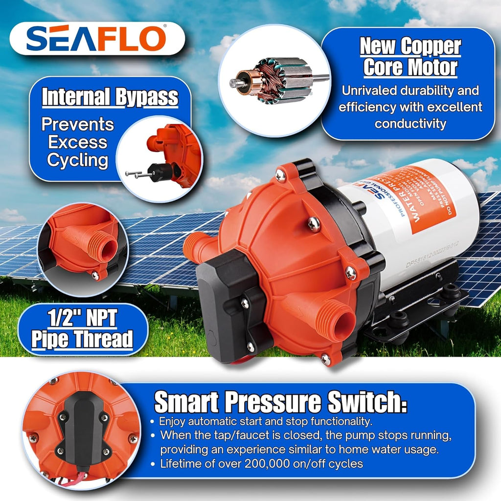 SEAFLO 55-Series Diaphragm Pump - 12V DC, 5.5 GPM, 60 PSI with Heavy Duty Pressure Switch | Self-Priming, Quiet Operation, 4-Year Warranty | Ideal for RV, Marine, and Off-Grid Water Systems