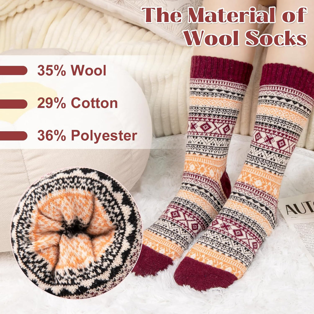 Justay 5 Pairs Wool Socks for Women - Winter Thick Boot Cozy Crew Vintage Soft Calf Knit Warm Socks Gifts