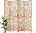 Leaf-Carved Room Divider Privacy Screen - 67 Inch Tall Foading Decorative Wood Screen Dividers Panel for Home - Natural Wood Room Partitions for Enhanced Privacy and Style Natural 4 Paned