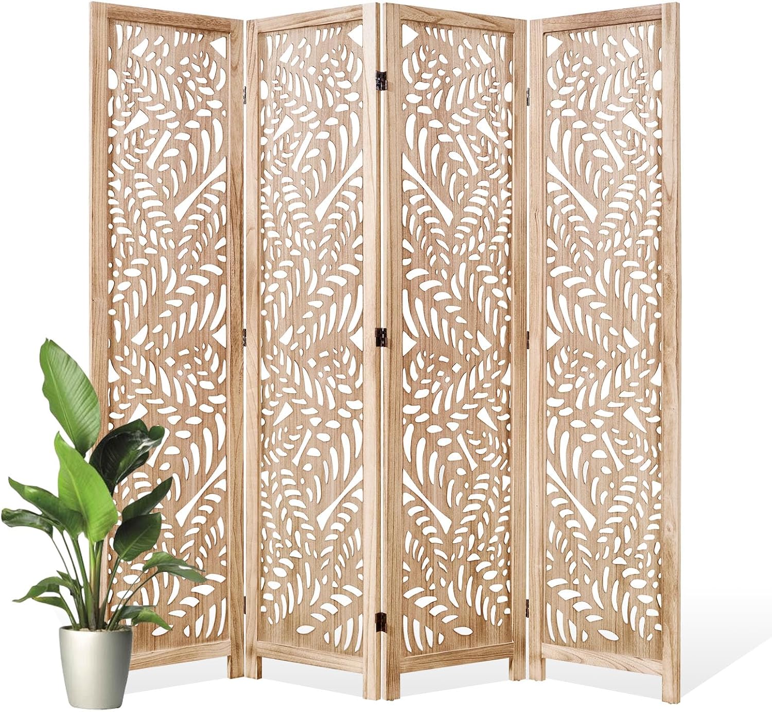 Leaf-Carved Room Divider Privacy Screen - 67 Inch Tall Foading Decorative Wood Screen Dividers Panel for Home - Natural Wood Room Partitions for Enhanced Privacy and Style Natural 4 Paned