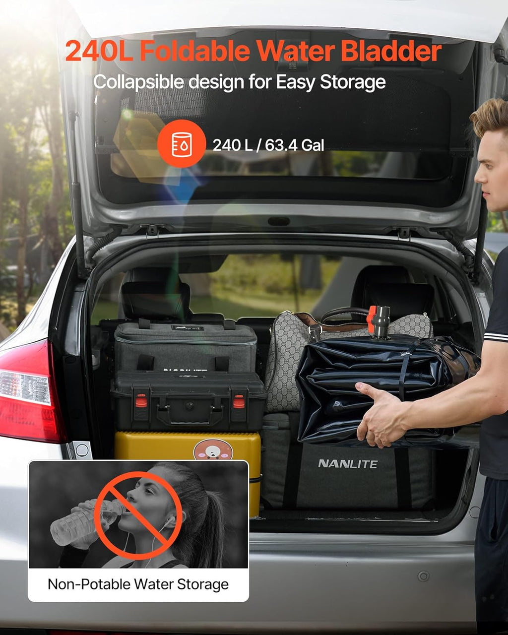 VEVOR Water Storage Bladder, 63.4 Gallon (240L) Water Storage Container Tank, 1000D PVC Large Capacity Soft Bag Bladder, Collapsible Portable for Garden Irrigation, Camping, RVs, Emergency Use - Black