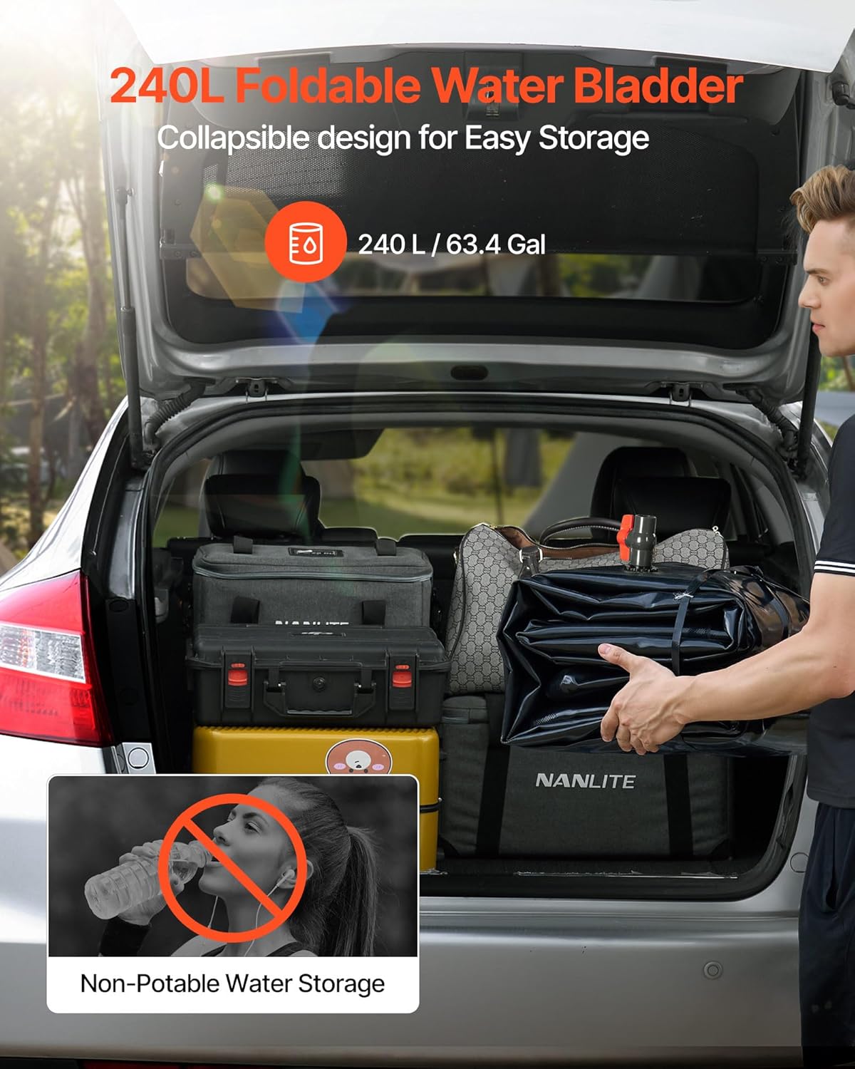 VEVOR Water Storage Bladder, 63.4 Gallon (240L) Water Storage Container Tank, 1000D PVC Large Capacity Soft Bag Bladder, Collapsible Portable for Garden Irrigation, Camping, RVs, Emergency Use - Black