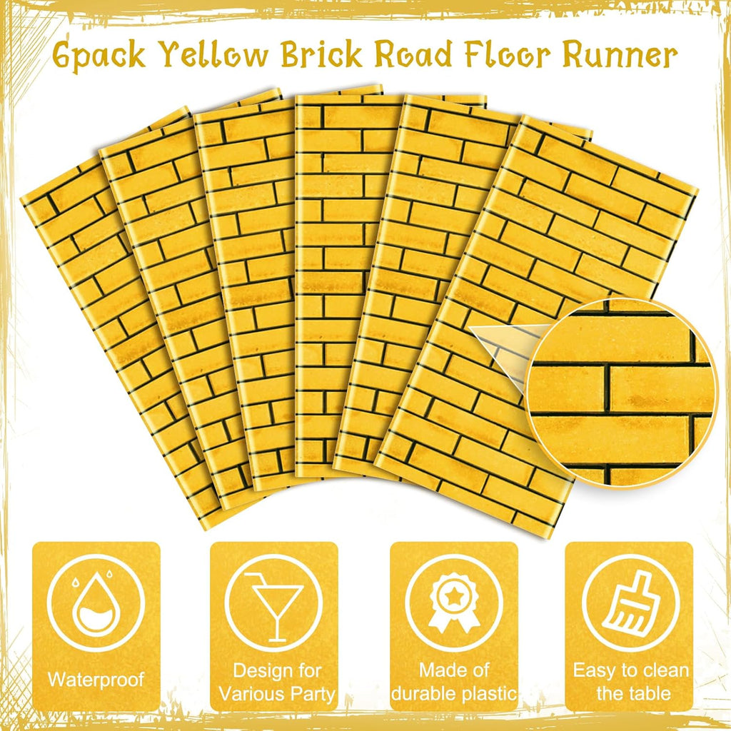 6Pcs Total 4.5x54 Feet Yellow Brick Road Floor Runner for Wizard Oz Party Decorations,Long Disposable Brick Stone Wall Backdrop Tablecloth for Halloween Princess Cosplay Medieval Castle Party Supplies