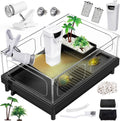 Small Turtle Tank Kit, Acrylic Turtle Tank Starter Kit with Basking Platform, Bottom Drainage, Multi-Function Areas for Turtles, Crabs, Crayfish, Small Reptiles (Black+White)