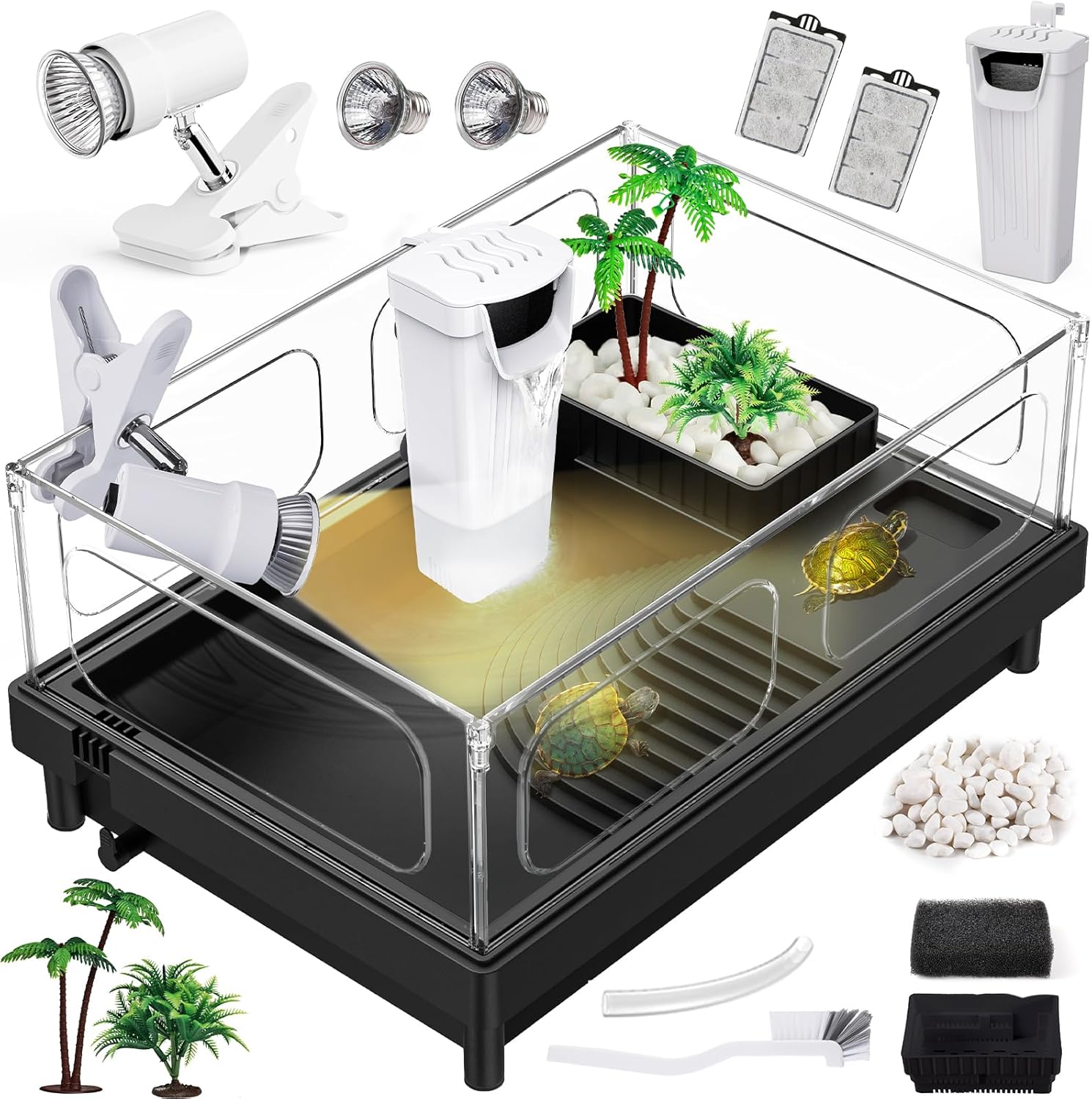 Small Turtle Tank Kit, Acrylic Turtle Tank Starter Kit with Basking Platform, Bottom Drainage, Multi-Function Areas for Turtles, Crabs, Crayfish, Small Reptiles (Black+White)
