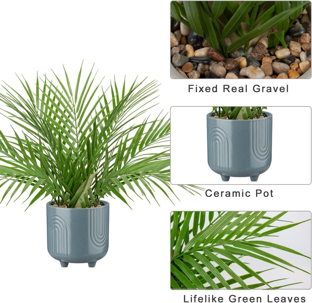 Hollyone Large Artificial Potted Plants Fake Palm Plants 16" Faux Green Plant Tropical Palm Tree in Blue Ceramic Pots for Home Room Office House Indoor Decoration