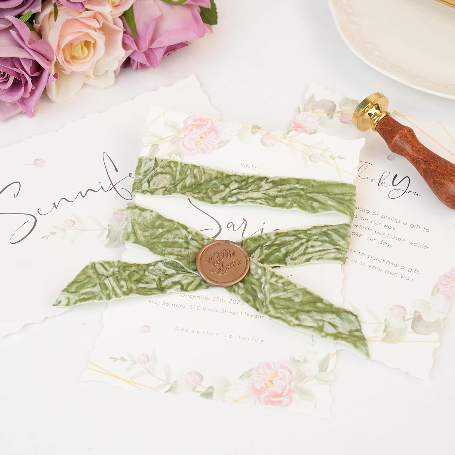 MAYREEL 1 Inch Sage Green Crushed Velvet Ribbon Spring Moss Vintage for Flower Bouquets Wedding Invitations Crafts Gift Wrapping Party Favor Boxes 10 Yards