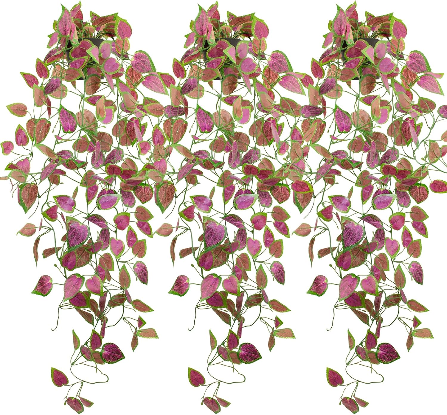 LOYWREE 3 Pack Artificial Purple Ivy Hanging Vine Plants - Small Potted Long Trailing Cascading Foliage, Gothic Home Decor for Indoor/Outdoor, Office, Garden & Shelf (Black Pot Included)