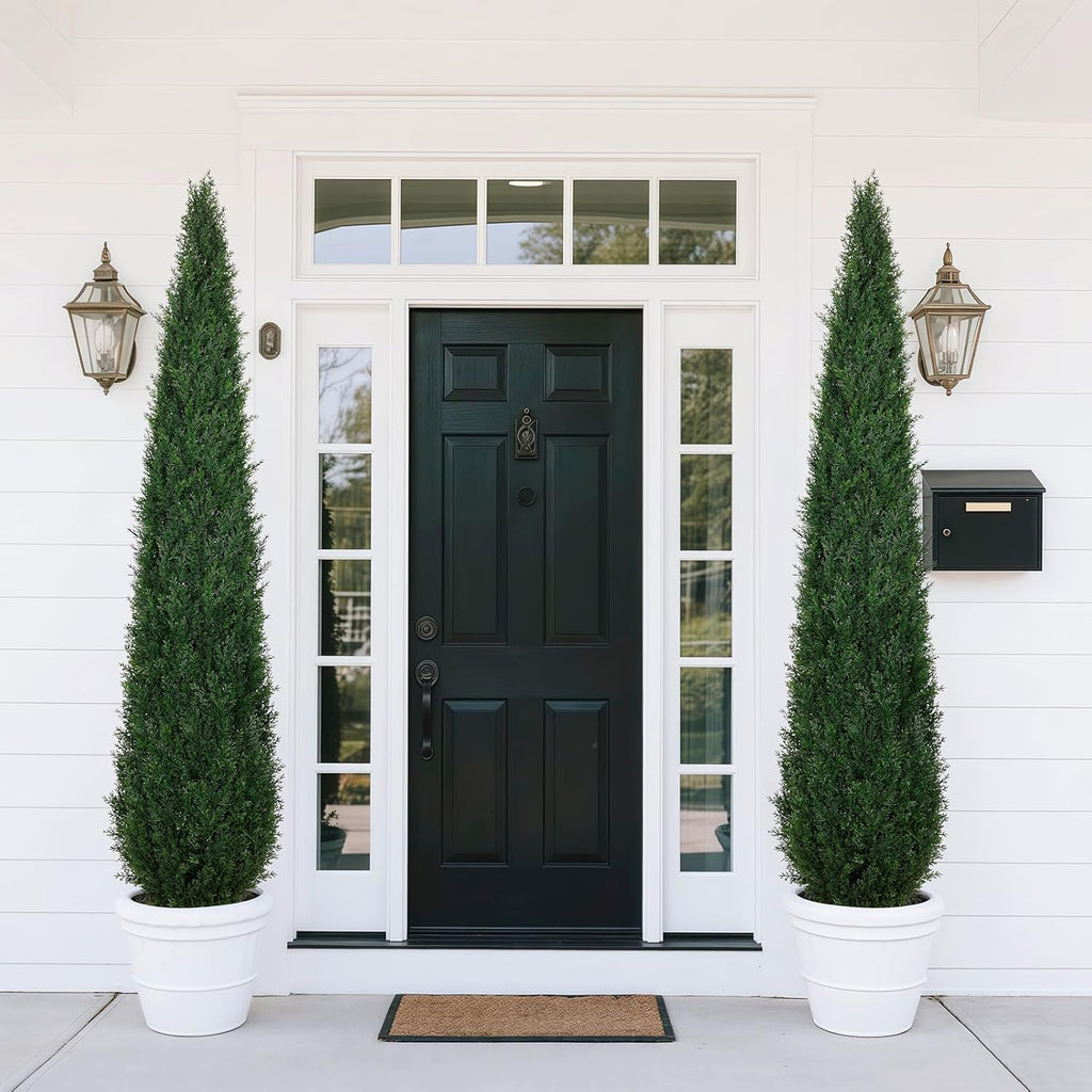 Artificial Cedar Topiary Trees, 6FT Topiary Trees Artificial Outdoor UV Resistant, Realistic Potted Fake Pine Plants Shrubs for Front Porch Home Garden Decor, Set of 2