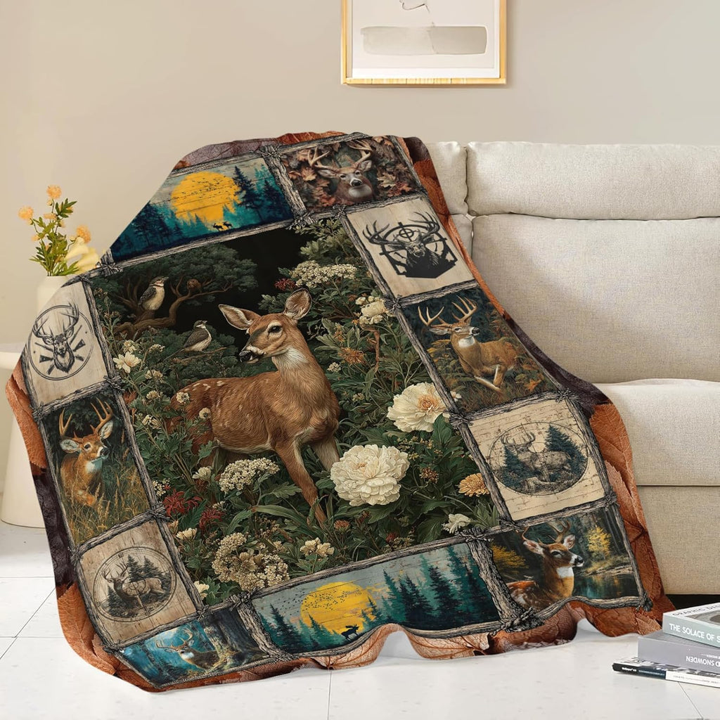 Deer Throw Blanket Hunting Deer Elk Stuff Gifts for Kids Girls Boys Adults Women Men Soft Cozy Warm Plush Fluffy Fuzzy Fleece Blanket Decor 50''X60''