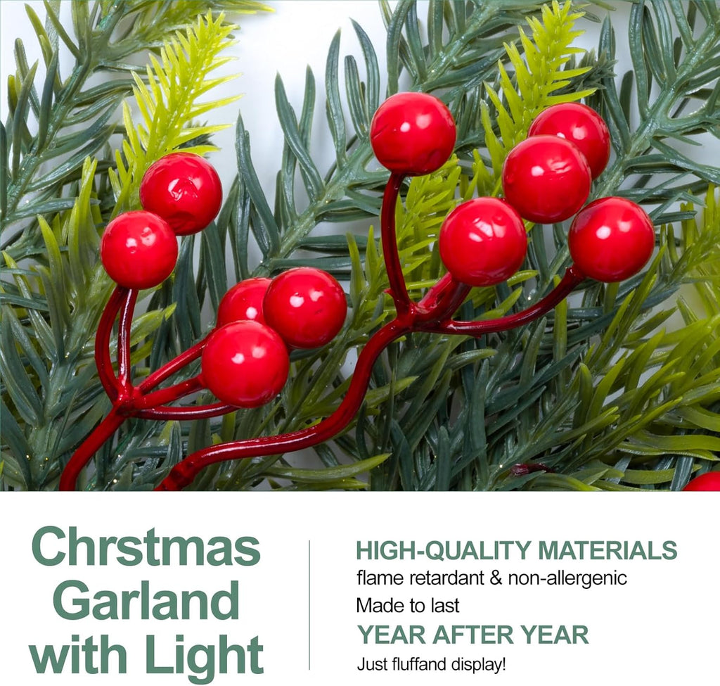 6.5FT Christmas Garland with Star Lights,Prelit Christmas Decorations,Lighted Garland with Battery Operated,Golden Flower Denser Realistic Gradient Xmas Greenery,Home Decor for Mantle Fireplace Table