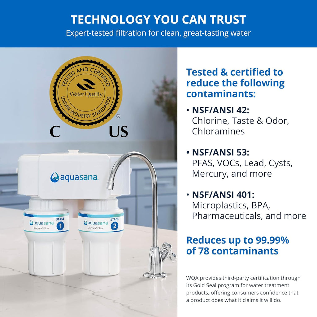 Aquasana Under Sink Water Filter | 2-Stage Filtration | Reduces up to 99.99% of PFAS, Lead, Chlorine, Cysts, & More | Under Counter Drinking Water Filter | Brushed Nickel Faucet | AQ-6200-BN