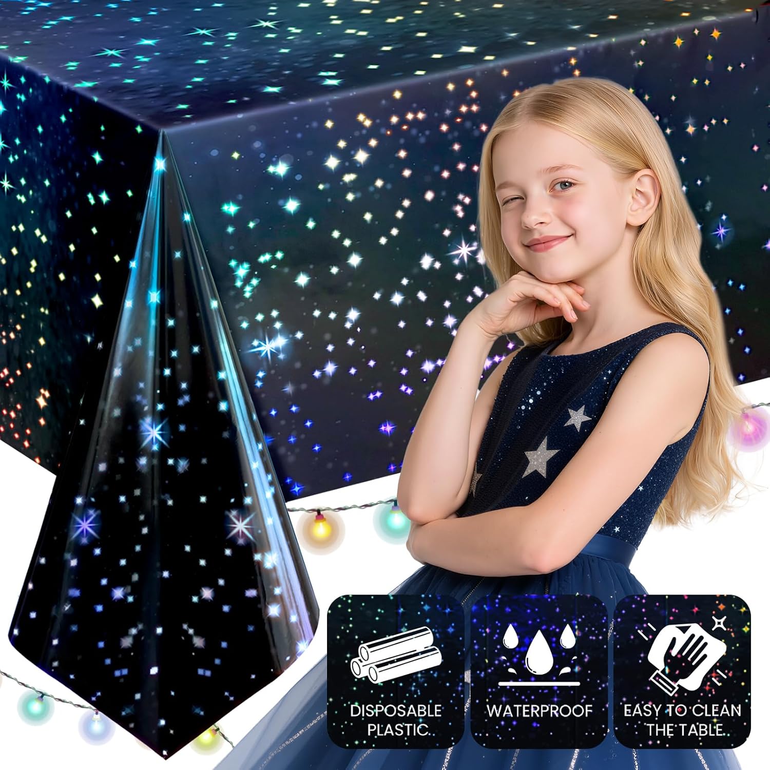 2 Pack Iridescent Galaxy Holography Tablecloth, 54'' x 108'' Color-Shifting Space Table Cover with Reflective Stars, Disposable Plastic, Waterproof & Durable for Starry Night, Birthday, Party Décor