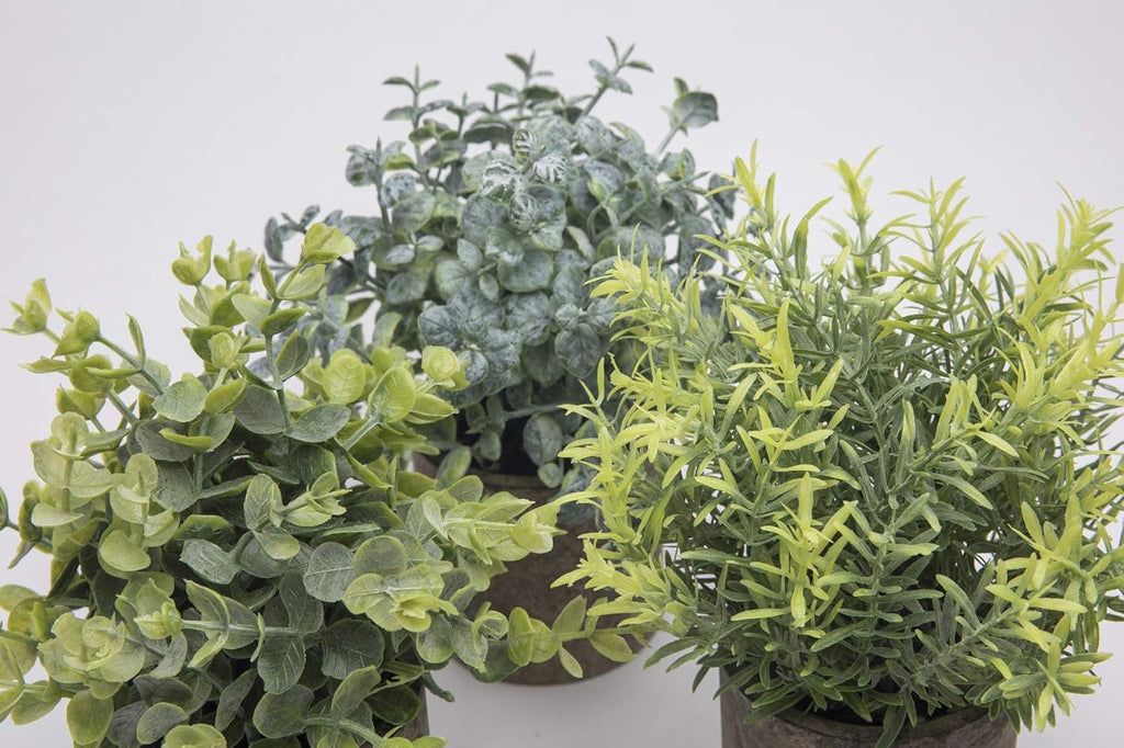 THE BLOOM TIMES Set of 3 Small Potted Artificial Plants Plastic Fake Greenery Faux Plants in Pots for Rustic Home Office Desk Farmhouse Bathroom Kitchen Indoor Decor